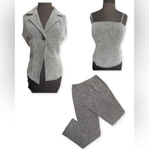 Y2K 3-Piece Strapless Top Vest Blazer Pant Set Gray Herringbone Made USA  Size S